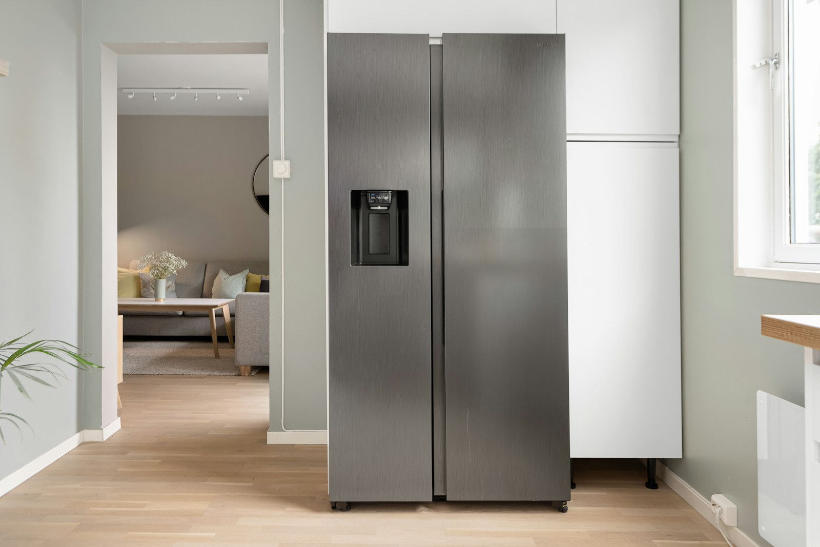 Modern stainless steel refrigerator with a water dispenser, framed by light-colored walls and a glimpse of a cozy living room in the background.
