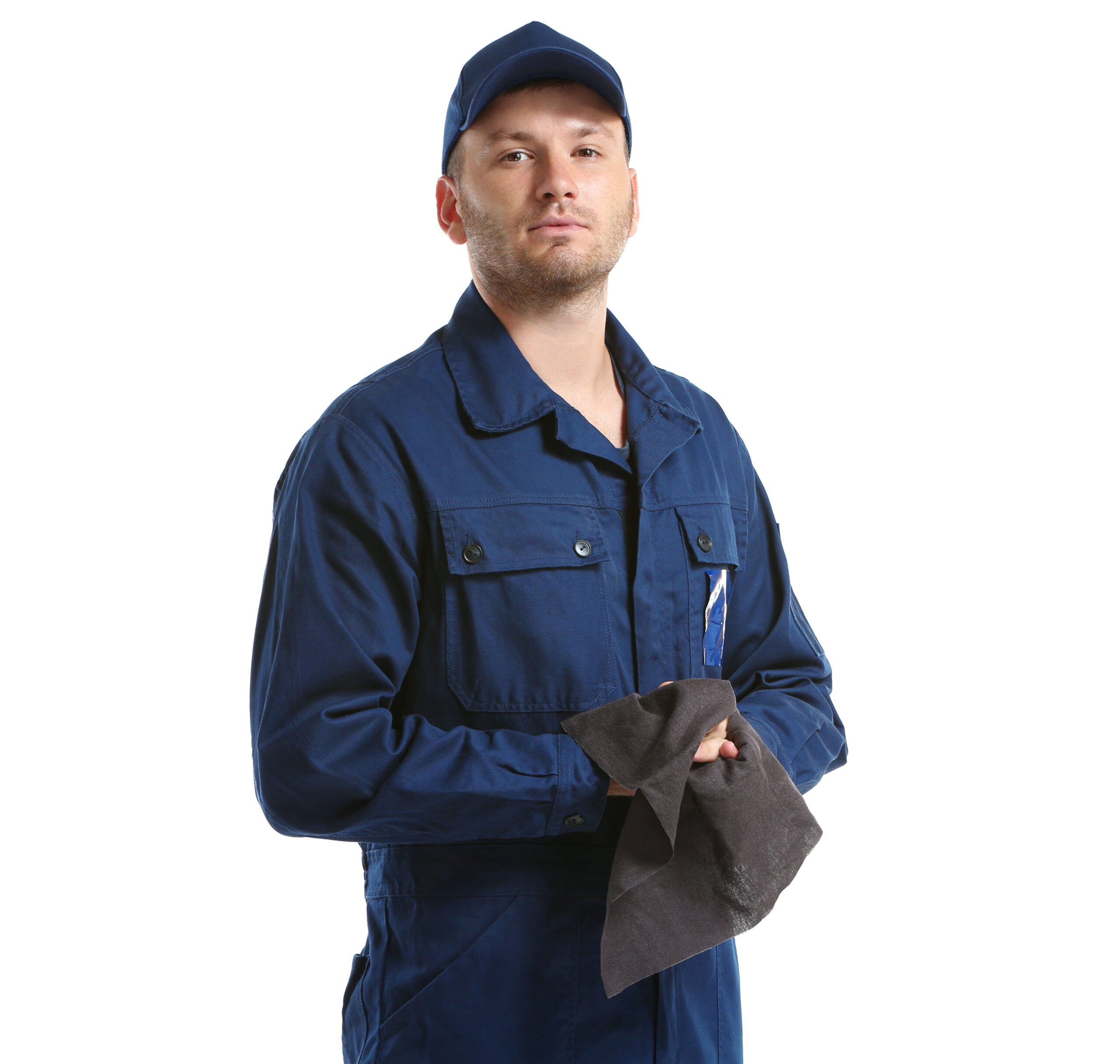 Young,Mechanic,In,Uniform,With,Rag,Standing,,Isolated,On,White